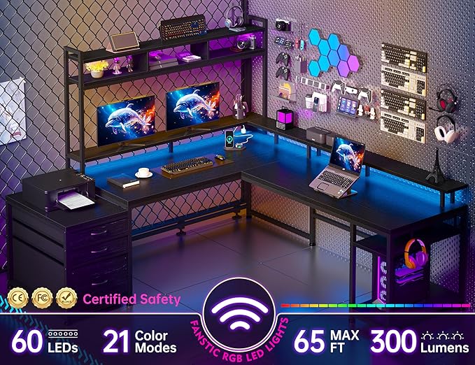 EnHomee 64 x 60 Inches L Shaped Desk with Hutch and Drawers, Gaming Desk with Power Outlet & Monitor Stand & LED Lights, Computer Corner Desk, Two Person Office Desk for Living, Gaming Room, Black