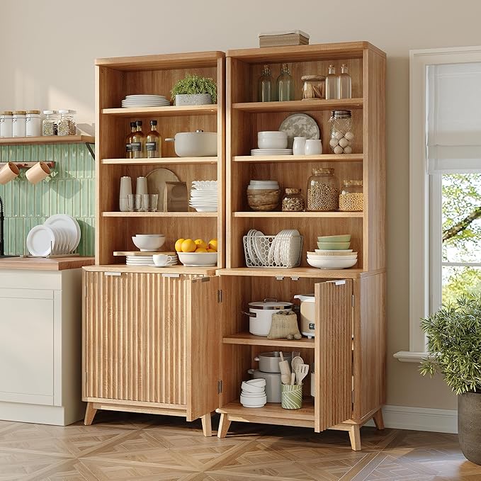 Tall Bookshelf, 6-Tier Bookcase with Fluted Doors & Adjustable Shelves, Mid-Century Cabinet, Modern Wooden Book Shelf for Home Office, Living Room, Kitchen, Light Oak