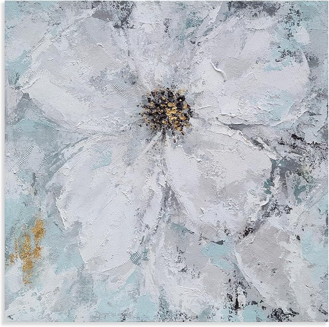Yihui Arts White Flower Painting - Hand Painted Grey Floral Canvas Wall Art for Home Decor