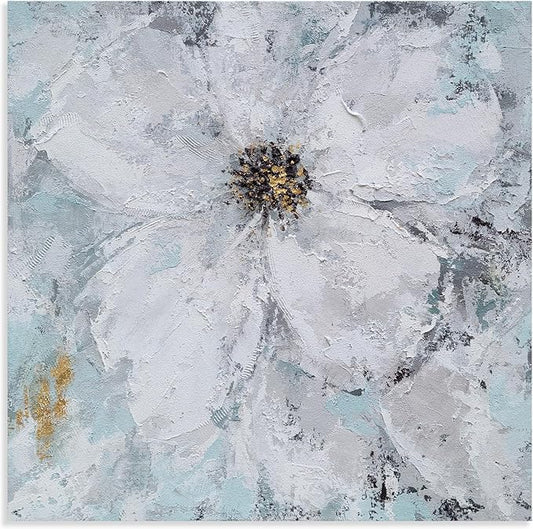Yihui Arts White Flower Painting - Hand Painted Grey Floral Canvas Wall Art for Home Decor