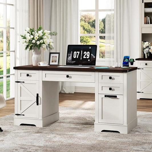58'' Farmhouse Home Office Desk with Drawers, Wooden Executive Desk with Charging Station, File Drawers and Storage Cabinet, Computer Desk for Work, Study and Writing, Rustic White