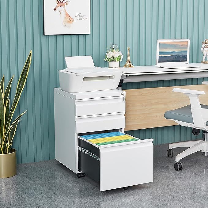 Filing Cabinet 3 Drawer, Locking File Cabinets for Home Office, Mobile Filing Cabinet for A4/Letter/Legal Size File Folders, Fully Assembled, Matte White