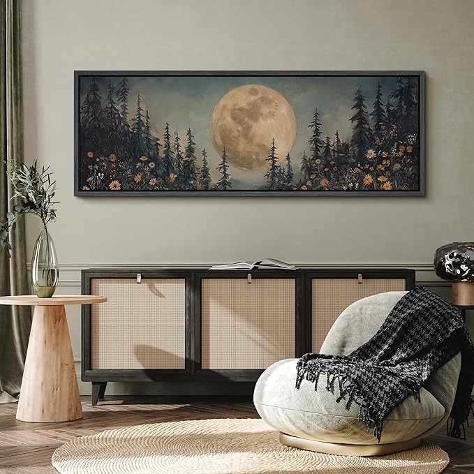 SIGNFORD Large Framed Canvas Moonlit Forest with Wildflowers Mystical Illustrations Modern Art Calm Warm for Living Room, Bedroom, Office - 60"x20"