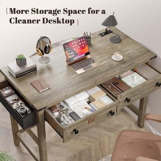 EnHomee Small Desk for Bedroom, Computer Desk with Power Outlets for Home Office, Desks with Drawers and a Side Pocket,Vanity Desks for Bedroom, Dark Rustic Oak