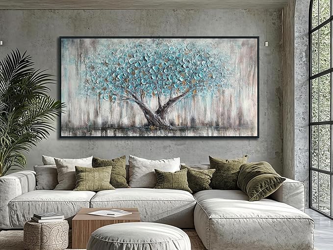 Arjun Framed Blue Tree Extra Large Canvas Wall Art for Living Room Tree of Life Abstract Bedroom Textured Painting, Nature Picture Panoramic Landscape Artwork Home Office Decor, Black Wood 58"x29"