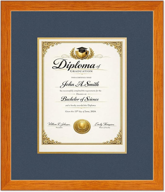 CountryArtHouse Diploma Frame Fits 8.5 x 11 Certificate (Portrait) - Keepsake Graduation Display Honey Oak Genuine Hardwood with Navy Blue Over Metallic Gold Double mat