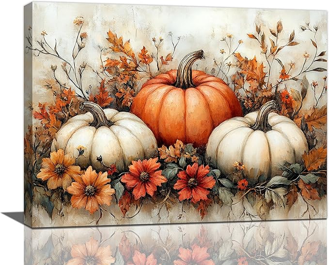 Fall Pumpkin Wall Art Autumn Leaf Pictures Wall Decor Maple Leaves Canvas Painting Modern Artwork Home Decoration for Living Room Bathroom Bedroom Office Framed 16"x12"