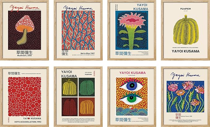 SIGNWIN Framed Poster Wall Art Set of Mushroom Botanical, Blue Red Dots, Japanese Pumpkin The Ocean Minimalist Decor for Living Room, Bedroom, Office - 11"x14"x 8 Natural