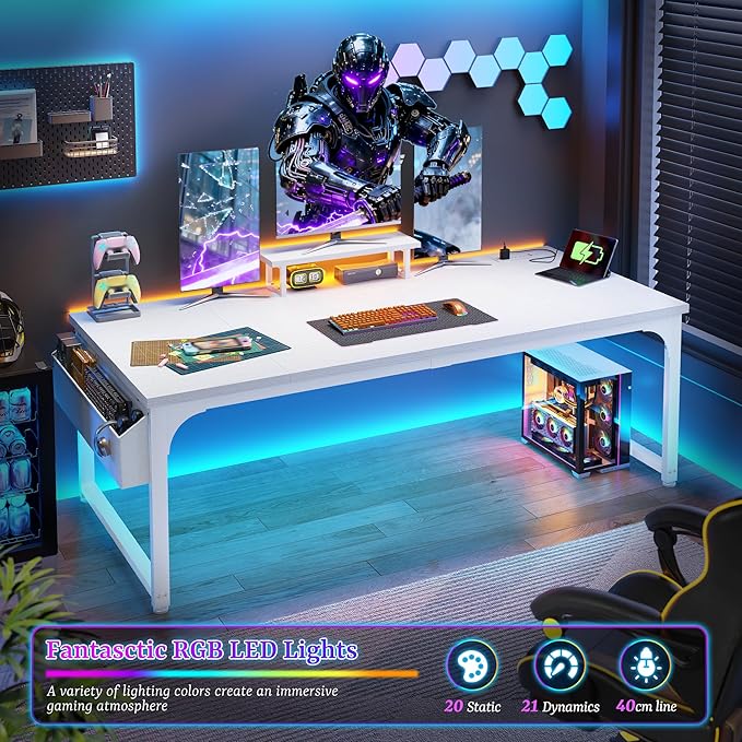 Computer Desk with Power Outlets & 0.95 inch Thicker Desktop, Gaming Desk with Monitor Stand & LED Light & Storage Bag, White Writing Desk for Home Office, Study, Bedroom, White