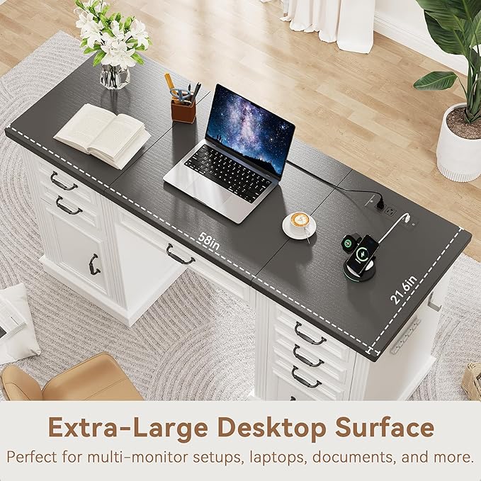 Farmhouse 57" Lift Up Executive Desk with 5 Drawers and Charging Station, Wood Home Office Computer Desk with File Cabinet Storage, Keyboard Tray,Headphone Hook for Work,Study (White+Black)