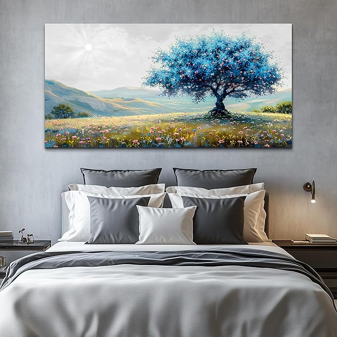 FUHAIHUA Canvas Wall Art For Living Room Modern Wall Decor For Bedroom Office Wall Decoration Pastoral Landscape Painting Blue Tree Pictures Artwork Ready To Hang Room Aesthetic Home Decor 20x40 In