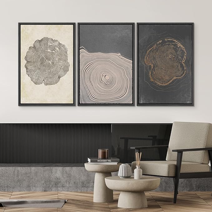 SIGNWIN Framed Canvas Print Wall Art Set Pastel Gray Wood Tree Ring Spirals Nature Abstract Drawings Modern Art Contemporary Minimal for Living Room, Bedroom, Office - 16"x24"x3 Black
