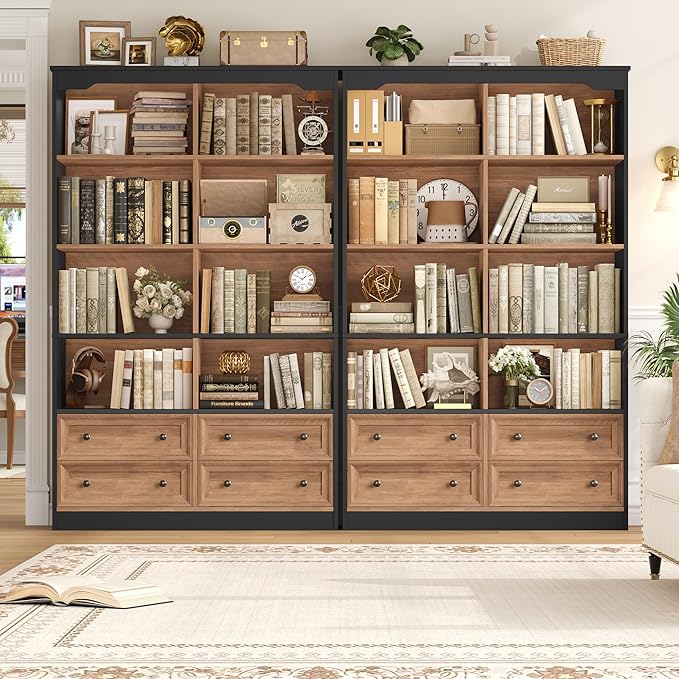 FINETONES 71" Tall Bookshelf with 4 Drawers, 6-Tier Double Wide Bookshelves and Bookcases with Storage, Tall Bookshelf Large Standing Book Cabinet for Home Office, Brown/Black