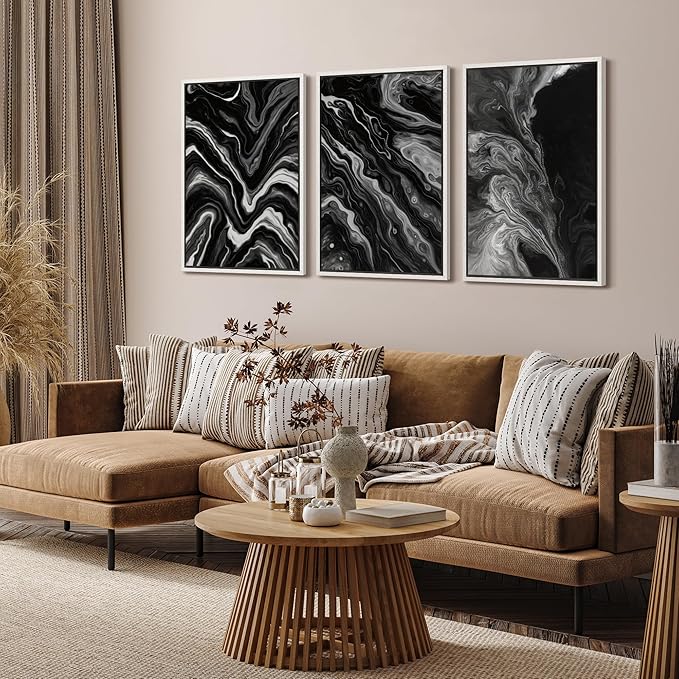 SIGNFORD Framed Wall Art Print Set Monochrome Swirl Abstract Contemporary Black and White Digital Art Modern Art Contemporary for Living Room, Bedroom, Office - 24"x36"x3 WHITE