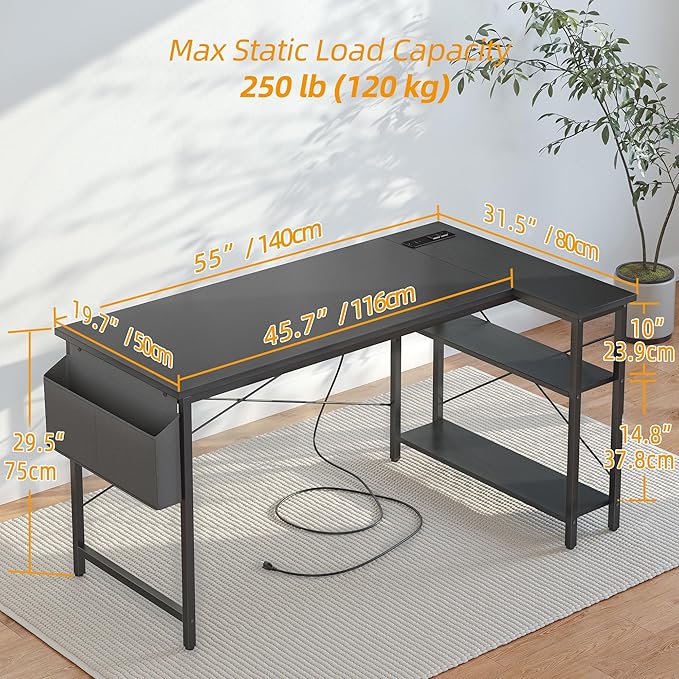 TIQLAB L Shaped Computer Desk with Power Outlets, 55 Inch Small Corner Desk with Reversible Shelves, Gaming Desk Computer Table Study Writing Table for Home Office Bedroom Small Space, Black