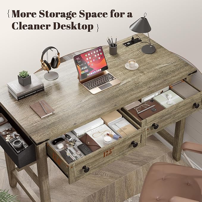EnHomee 40" Small Desk with Power Outlets, Computer Desk with Drawers for Bedroom and Home Office, Writing Desk with Drawers and a Side Pocket, Vanity Desks for Bedroom, Dark Rustic Oak