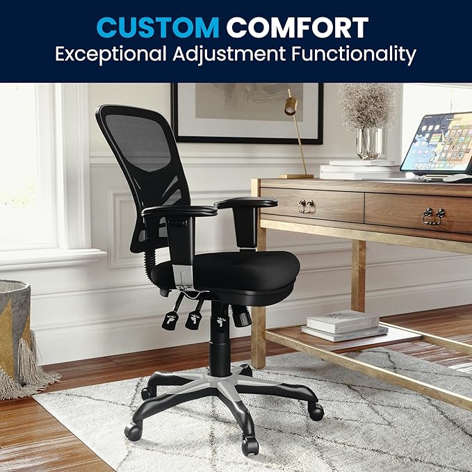 Flash Furniture Nicholas Mid-Back Swivel Desk Chair with Wheels, Mesh Back, Padded Seat, and Armrests, Adjustable Height Mesh Ergonomic Office Chair, Black