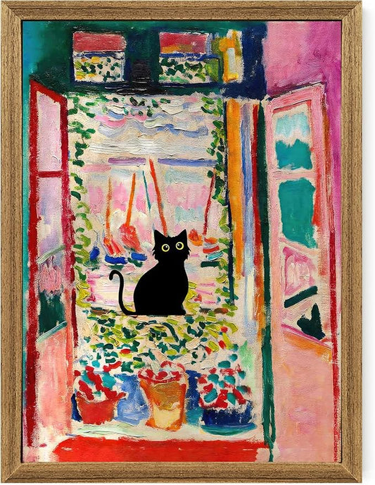 Fantasy Artists Henri Matisse Cat Wall Art, Framed Open Window Black Cat Canvas Poster Prints, Abstract Aesthetic Wall Decors for Living Room, Oil Paintings for Room Bathroom Decorations 12" X 16"