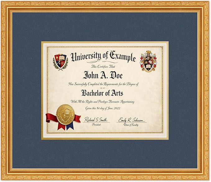CountryArtHouse Diploma Frame Fits 11 x 8.5 US Letter Certificate - Keepsake Graduation Display Museum Gold Genuine Hardwood with Navy Blue Over Metallic Gold Double mat