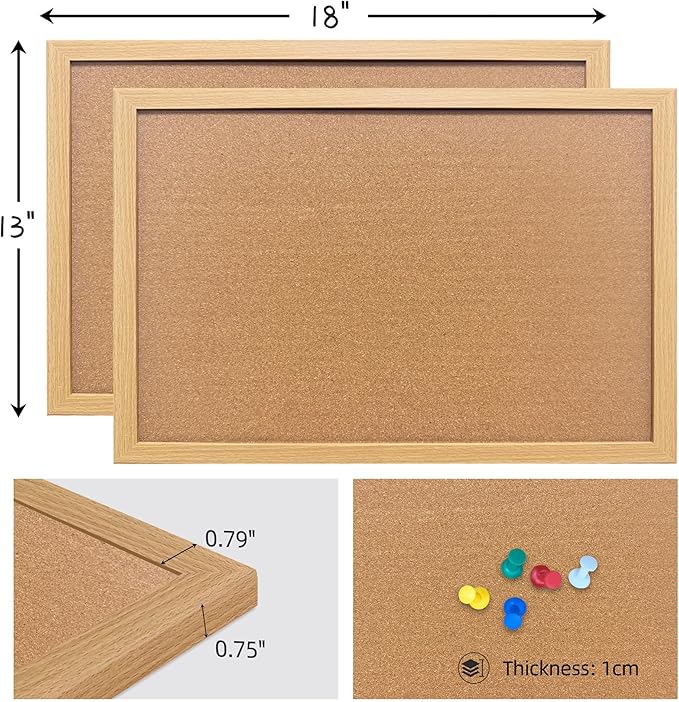 Cork Bulletin Board, 13''x18''-2pack Hanging Cork Board Wooden Framed with Pins for Wall, Dorm Room, Office, Home Decor – Natural Cork & Black Frame