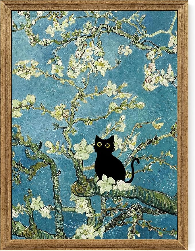 Fantasy Artists Van Gogh's Almond Blossom Funny Black Cat Canvas Wall Art, Oil Painting Posters Home Decor, Vintage Abstract Aesthetic Wall Decorations for Living Room Bedroom, 12'' x 16''