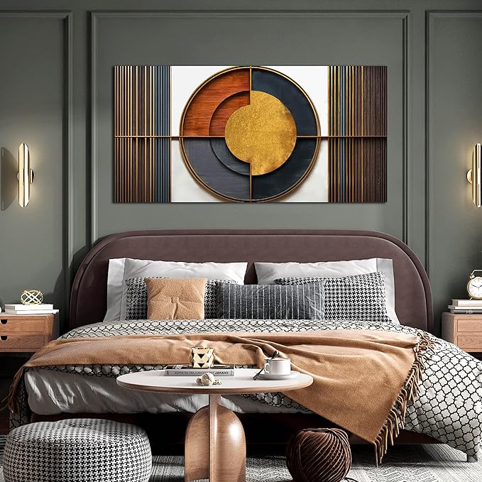 Large Canvas Wall Art for Living Room Bedroom Home Office Brown and White Wood Color Geometrical Picture Modern Canvas Prints Framed Wall Decor Size 24x48