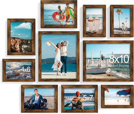 decorUhome Picture Frames Collage Wall Decor for Photo Gallery Display, Assorted Picture Frames set of 10 Including Two 8x10 / Four 5x7 / Four 4x6 for Family Wall Decor, Distressed Brown, 10 Pack