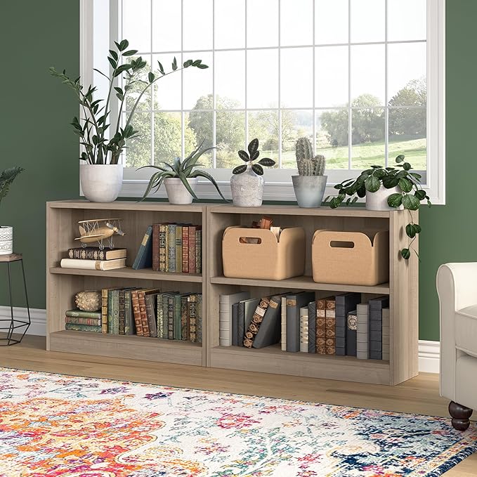 Bush Home Universal Small 2 Shelf Bookcase in Ash Gray, Low Storage and Display Bookshelf for Home Office or Living Room Organization