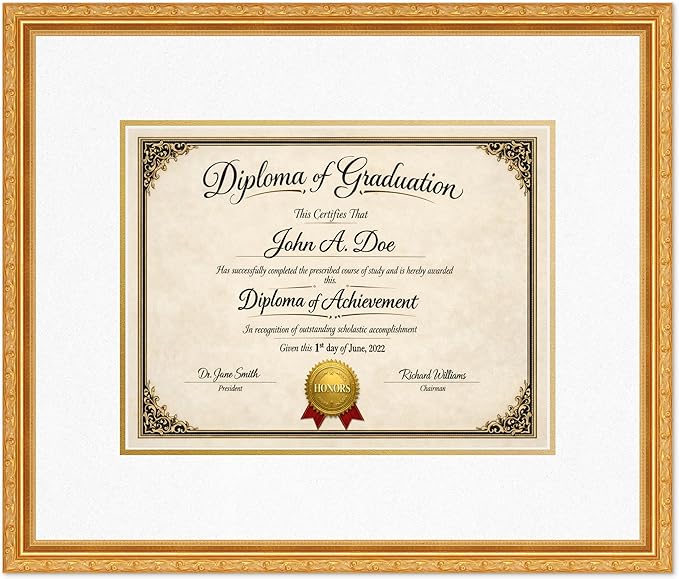 Diploma Frame Museum Gold with Oyster Shell Over Gold Double Mat - Fits 13 x 10 College Diploma (Traditional) Wall Display Made in the USA