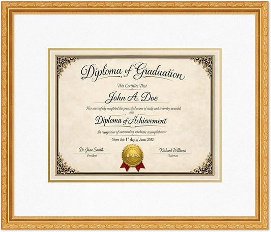 Diploma Frame Museum Gold with Oyster Shell Over Gold Double Mat - Fits 13 x 10 College Diploma (Traditional) Wall Display Made in the USA