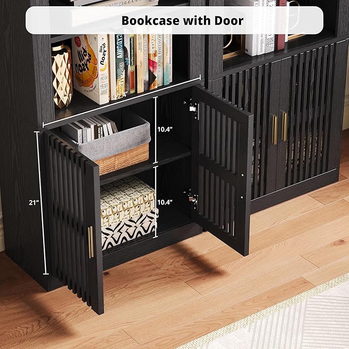 IRONCK Mid-Century Book Shelf, 6-Tier Floor Standing Bookcase with Grille Doors, Tall Storage Shelves for Display & Organizing, Suitable for Home Office, Living Room(Black)