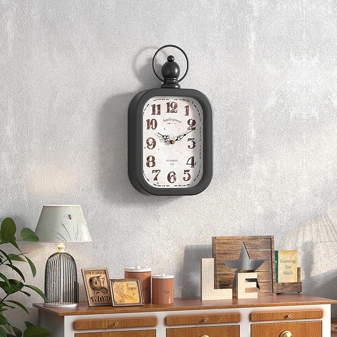 Menterry Small Retro Rectangle Wall Clock, Black Antique Vintage Style Battery Operated Silent Decor Wall Clocks for Farmhouse,Bedroom,Kitchen,Bathroom (11" H x 6.1" W)