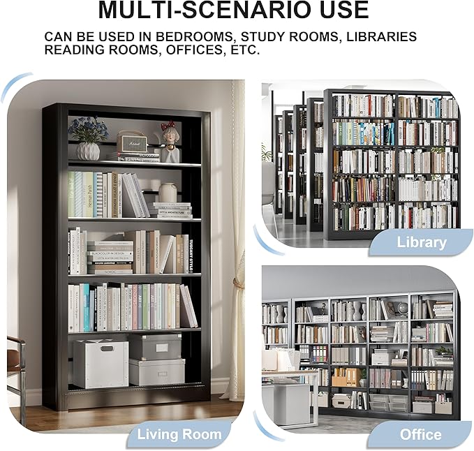 69" Tall Heavy-Duty Bookshelf, 5-Tier Metal Bookshelf with Adjustable Shelves, Open Shelf Bookcase, Tall Bookshelves for Home Office, Library, Bedroom, Including Book Stopper