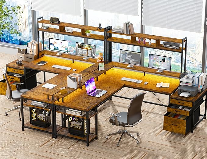 EnHomee 64 x 60 Inches L Shaped Desk with Hutch and Drawers, Gaming Desk with Power Outlet & Monitor Stand & LED Lights, Computer Corner Desk, Two Person Office Desk for Living, Bedroom, Rustic Brown