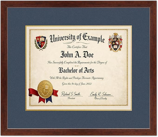 CountryArtHouse Diploma Frame Fits 15 x 12 Military/Government - Keepsake Graduation Display Rustic Walnut Genuine Hardwood with Navy Blue Over Metallic Gold Double mat