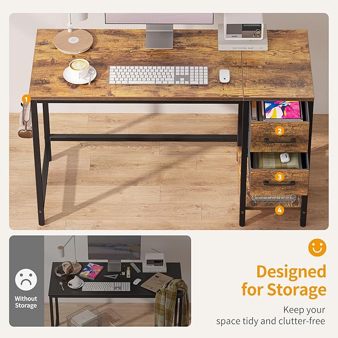 Cubiker Computer Home Office Desk with Drawers, 47 Inch Small Desk Study Writing Table, Modern Simple PC Desk, Rustic Brown