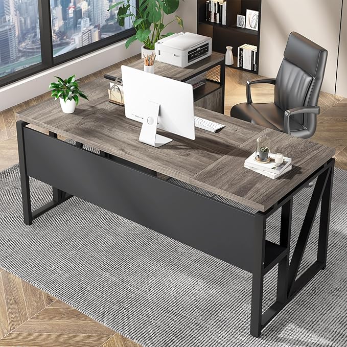 Tribesigns 63 inches Computer Desk with Bottom Storage Shelf Home Office Desk Writing Table for Workstation,Dark Walnut + Steel Leg， Cabinet not Included (Grey, 63-inch-with Shelf)