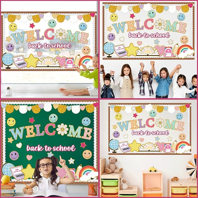 Welcome Back to School Bulletin Board Set Boho Groovy Classroom Decorations Colorful Preppy Face Paper Cutouts for Classroom Nursery Chalkboard Preschool Wall Door Decor Teacher Supplies