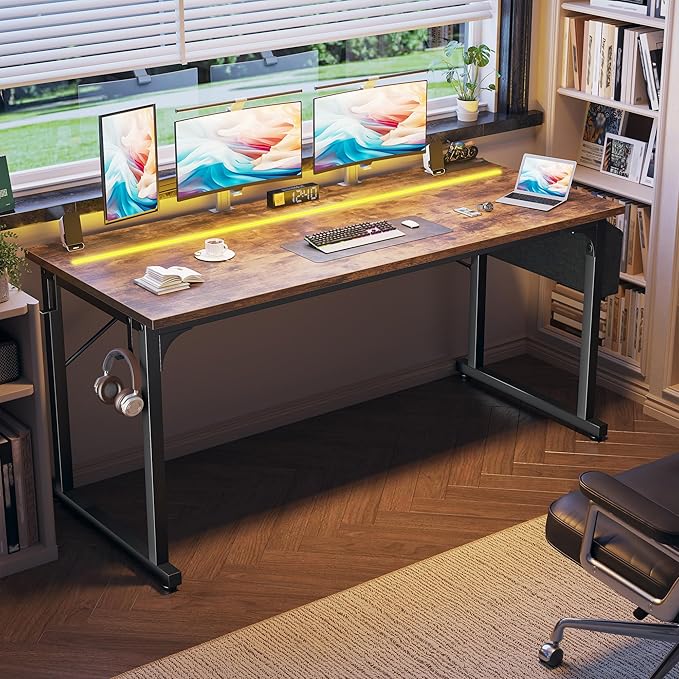 63 Inch Computer Desk with LED Lights, Office Desk for Home Office, Study Desk Writing Table with Storage Bag, Headphone Hook, Rustic Brown