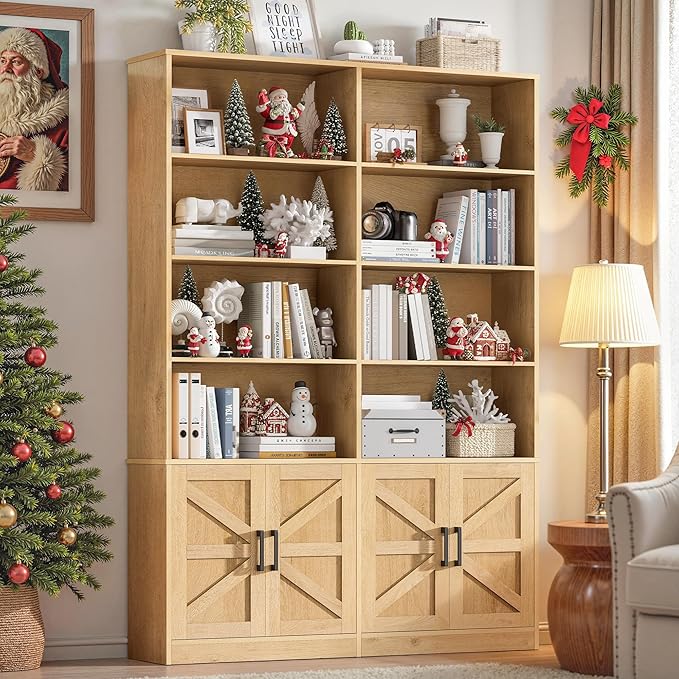 Bookshelf with 4 Doors, 71" Tall Bookcase Book Shelf with Storage Cabinets, Modern Floor Standing Open Display Shelves, 6 Tier Double Book Case for Living Room, Office, Library, Natural