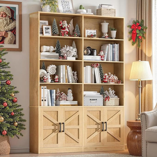 Bookshelf with 4 Doors, 71" Tall Bookcase Book Shelf with Storage Cabinets, Modern Floor Standing Open Display Shelves, 6 Tier Double Book Case for Living Room, Office, Library, Natural