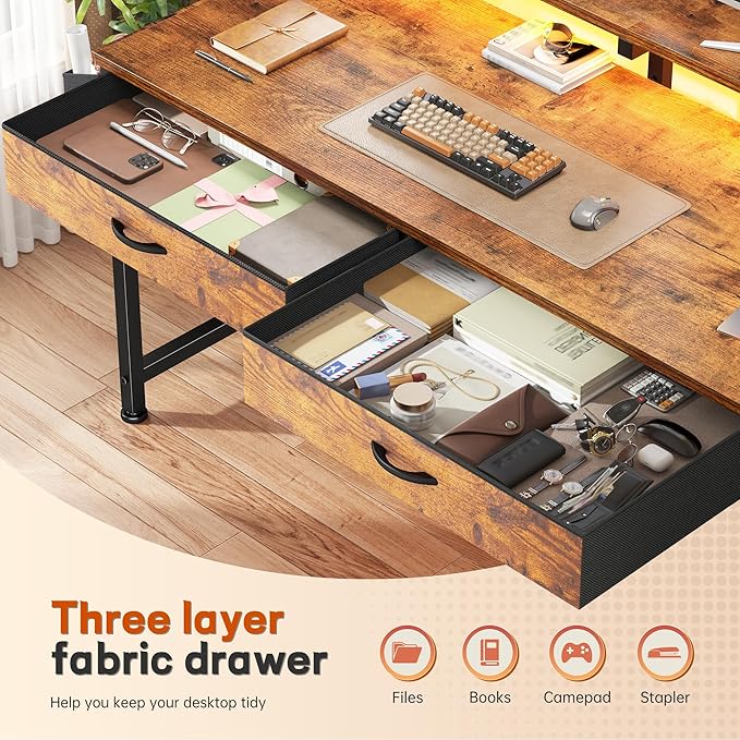 47.3Inch Office Computer Desk with LED Lights & 2 Fabric Drawers, Gaming Desk with Side Pocket & Ergonomic Monitor Stand, Small Space Study Writing Table with Anti-Tip Design, Rustic Brown