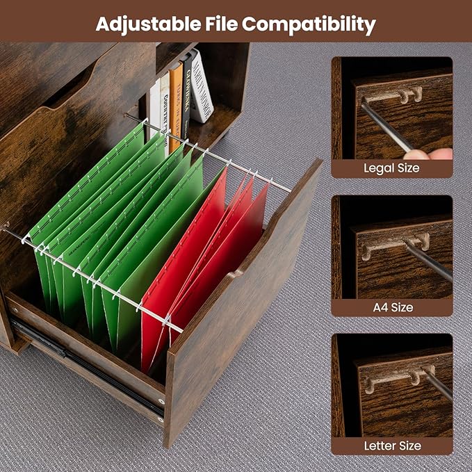 3 Drawer File Cabinet, Wood Lateral Filing Cabinet for Hanging Letter, A4, Legal Size, Rolling Printer Stand with Adjustable Shelf, Under Desk Storage for Home Office (Brown)