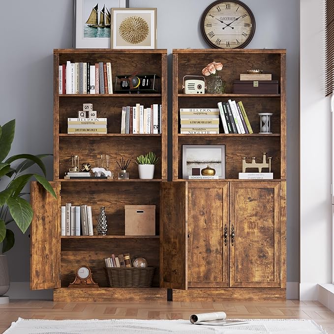 70.1" Tall Bookshelf with Cabinet, 5-Tier Floor Standing Bookcase with Doors & Adjustable Shelves, 31.5" Wide Storage Shelf, Metal Handles, Modern Organizer for Home Office, Living Room
