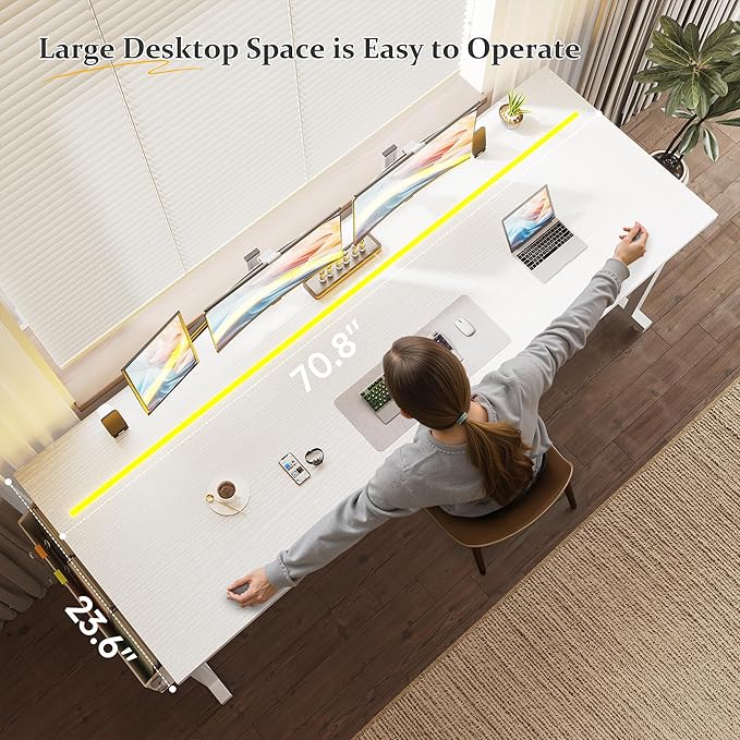 71 Inch Computer Desk with LED Lights, Office Desk for Home Office, Study Desk Writing Table with Storage Bag, Headphone Hook, White