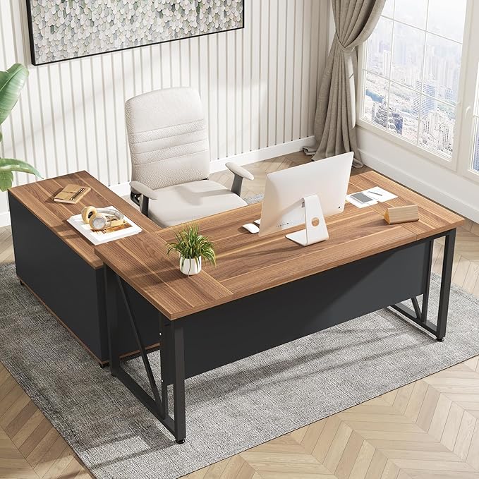Tribesigns 63 inches Computer Desk, Modern Home Office Desk Writing Table for Workstation, Dark Walnut + Steel Leg, Cabinet not Included (Walnut, 63-inch)