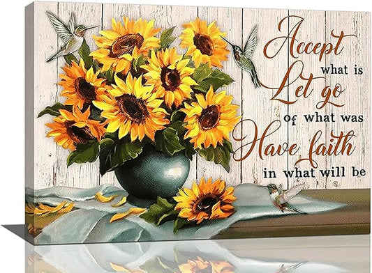 yerretin Farmhouse Sunflower Wall Art Sunflower Pictures Wall Decor Rustic Canvas Painting Modern Artwork Home Decorations for Bathroom Dining Room Kitchen Bedroom Office Framed 24"x16"