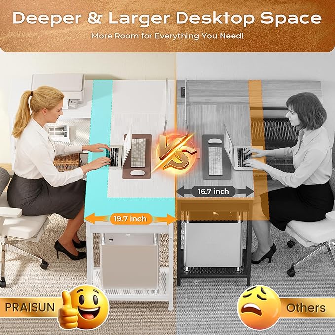 PRAISUN 63 Inch L Shaped Office Desk with Power Outlets and Type-C Port, Large Computer Gaming Desk with 3 Fabric Drawers, Mesh Shelves, Corner Study Work Writing Desk, White