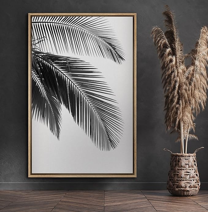 SIGNFORD Framed Canvas Print Wall Art Palm Leaf Trio Botanical Wilderness Photography Realism Minimalist Relax/Calm Duotone Black and White for Living Room, Bedroom, Office - 16"x24" Natural