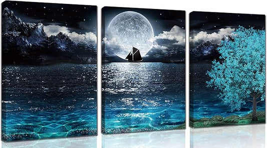 Moon Wall-Art - Teal Ocean Modern Decor Wall Decor For Living Room - Wall Art For Bedroom On Canvas Framed Size 12x16 Inches x3 Pieces